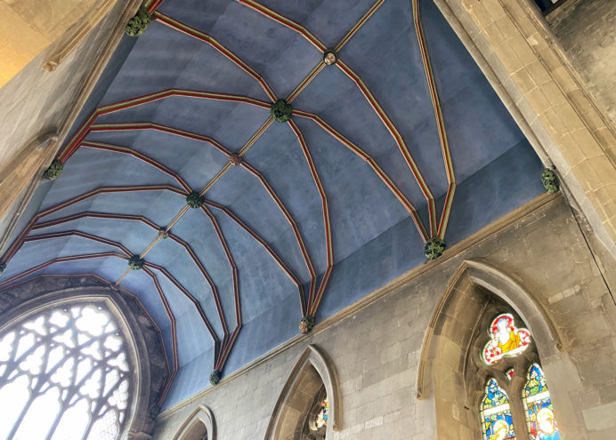 An arched church blue ceiling